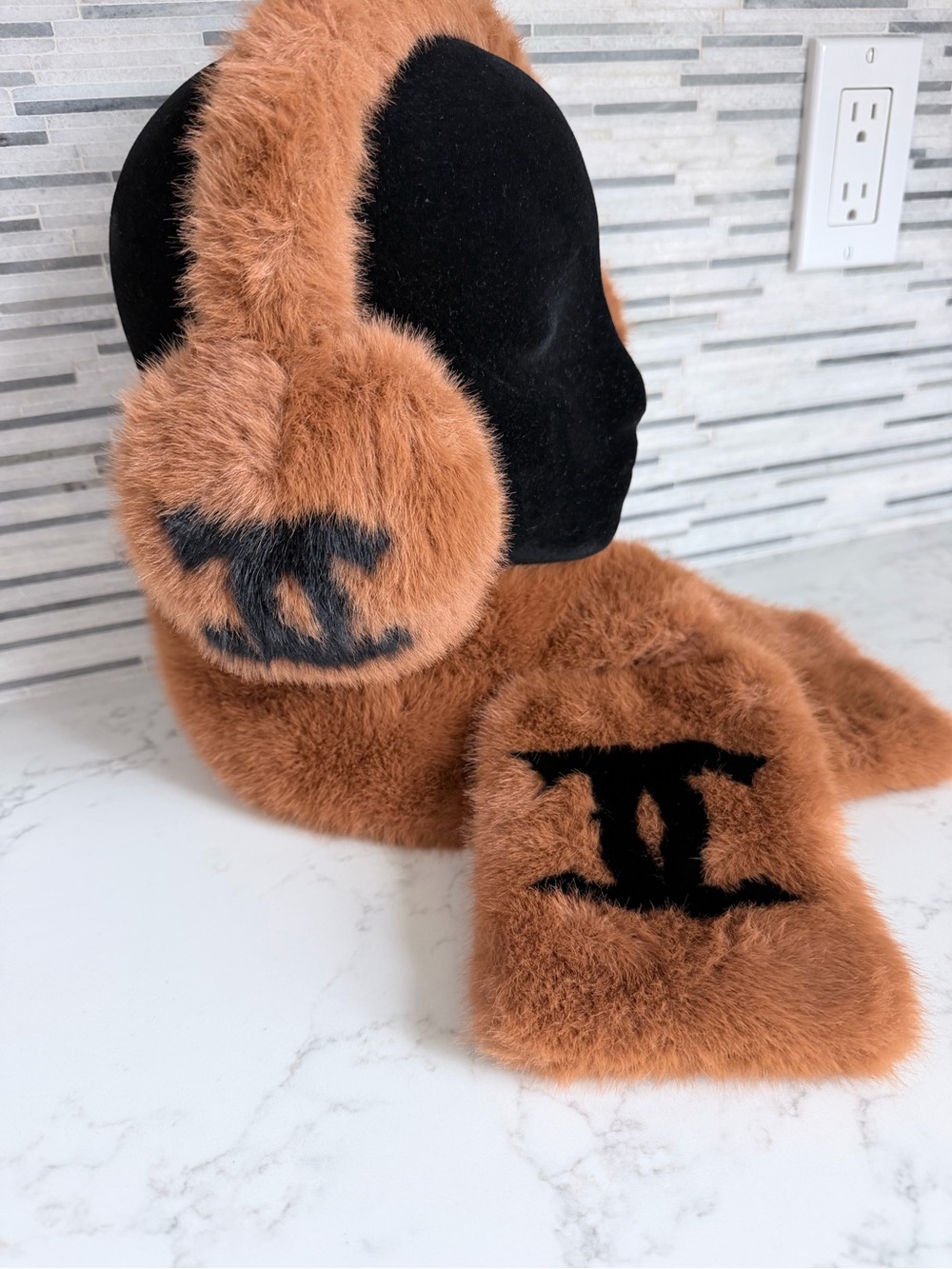Faux Fur Earmuffs and Scarf Set - Brown with Black Logo
